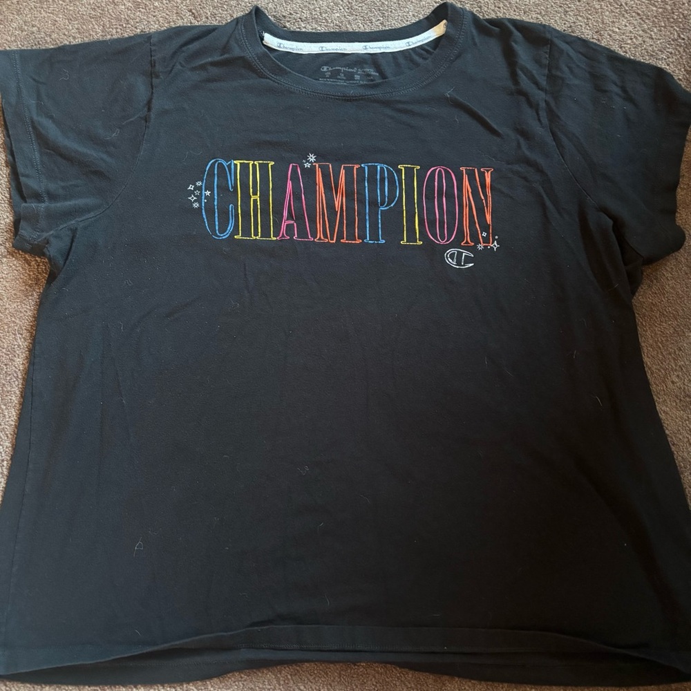Champion Black Tee with Multicolor Lettering